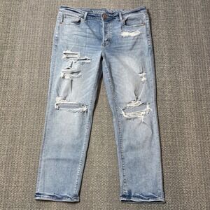 American Eagle Tomgirl Button-Fly Jeans Women's 14 Distressed Light Wash Stretch